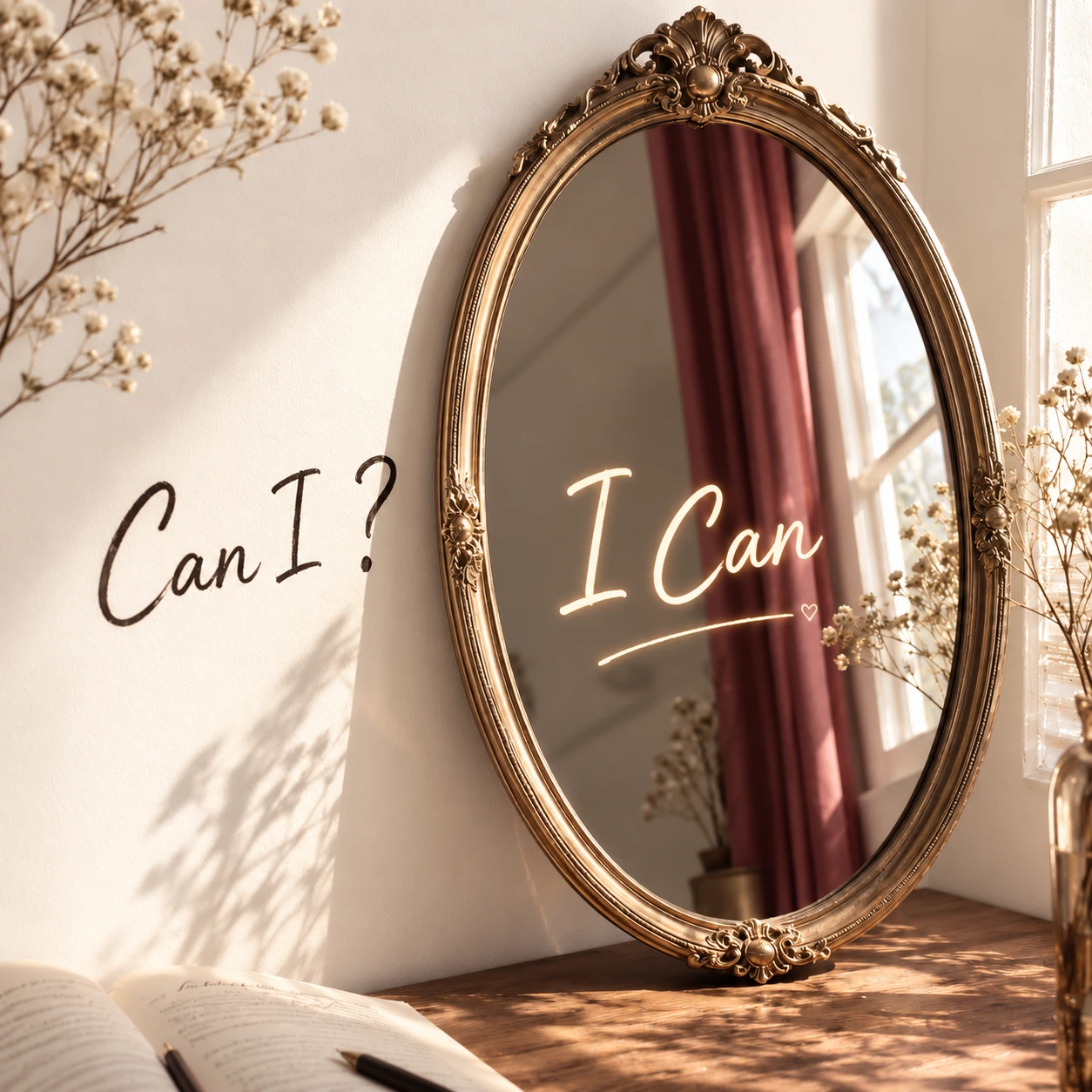 Uno specchio ovale con le parole Can I? e I Can, tra fiori e luce naturale